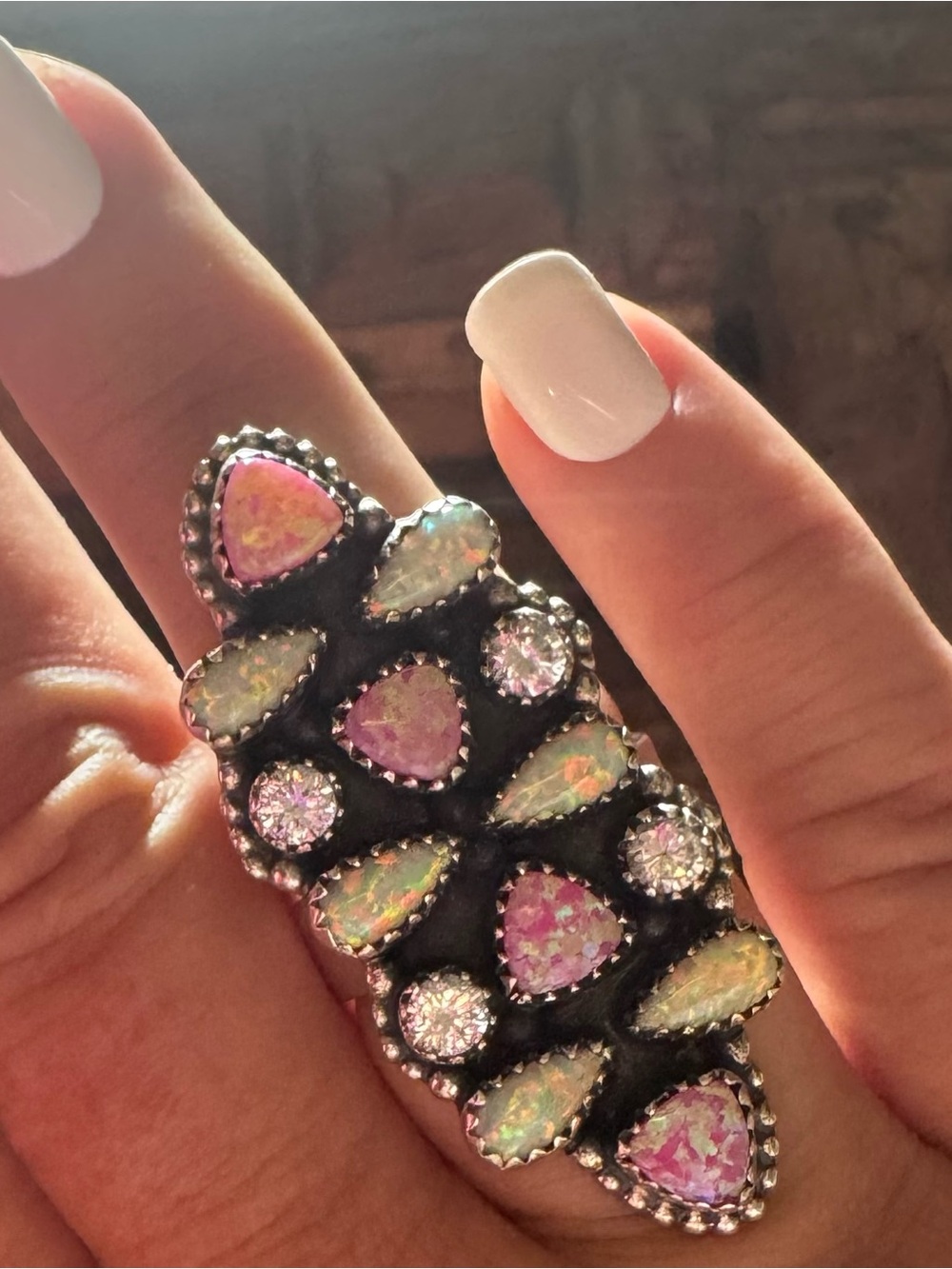 Statement champagne and hot Pink opal crawler Ring - adjustable sterling silver - Picture 3 of 5